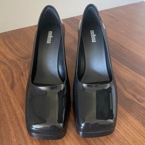 Melissa Glossy Black Square-Toe thick Heels shoes read below! Gothic Y2K